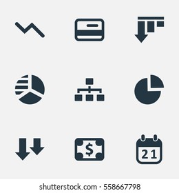 Set Of 9 Simple Impasse Icons. Can Be Found Such Elements As Descending, Circular Diagram, Info Graph And Other.