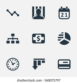 Set Of 9 Simple Impasse Icons. Can Be Found Such Elements As Net, Plastic Card, Graph Decreases And Other.
