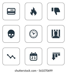 Set Of 9 Simple Impasse Icons. Can Be Found Such Elements As Penitentiary, Plastic Card, Finger Below And Other.