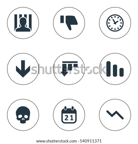 Set Of 9 Simple Impasse Icons. Can Be Found Such Elements As Bar Graph, Agenda, Clock And Other.