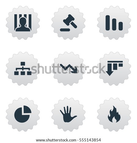 Set Of 9 Simple Impasse Icons. Can Be Found Such Elements As Bar Graph, Penitentiary, Downward And Other.