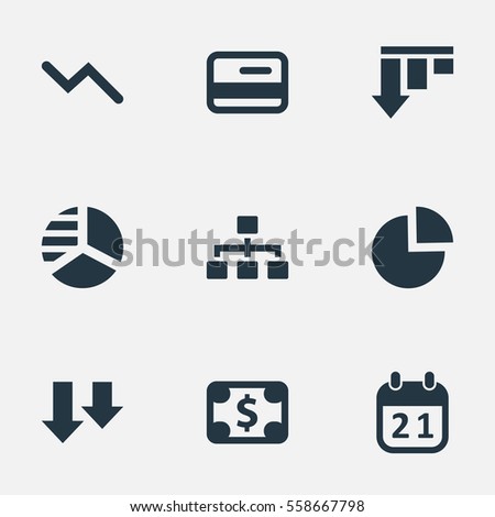 Set Of 9 Simple Impasse Icons. Can Be Found Such Elements As Descending, Circular Diagram, Info Graph And Other.