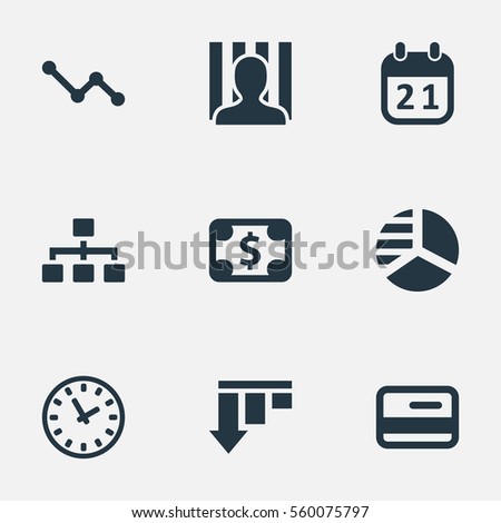 Set Of 9 Simple Impasse Icons. Can Be Found Such Elements As Net, Plastic Card, Graph Decreases And Other.