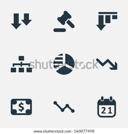 Set Of 9 Simple Impasse Icons. Can Be Found Such Elements As Bar Graph, Graph Decreases, Downward And Other.