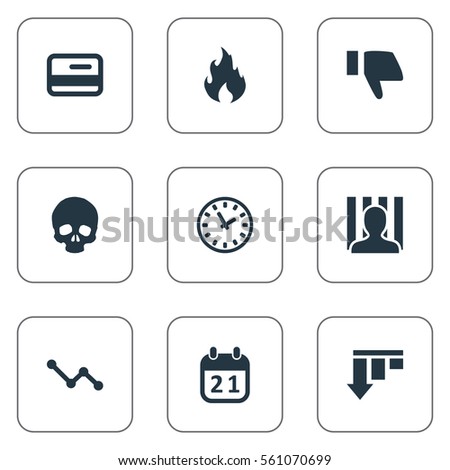 Set Of 9 Simple Impasse Icons. Can Be Found Such Elements As Penitentiary, Plastic Card, Finger Below And Other.
