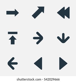 Set Of 9 Simple Indicator Icons. Can Be Found Such Elements As Right Direction, Right Direction, Left Direction And Other.