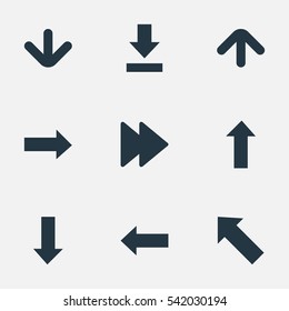 Set Of 9 Simple Indicator Icons. Can Be Found Such Elements As Left Direction, Upward Direction, Right Direction And Other.