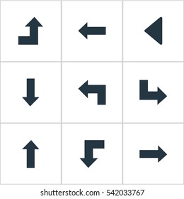 Set Of 9 Simple Indicator Icons. Can Be Found Such Elements As Downwards Pointing, Upward Direction, Reduction And Other.