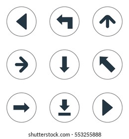 Set Of 9 Simple Indicator Icons. Can Be Found Such Elements As Let Down, Pointer, Pointer And Other.