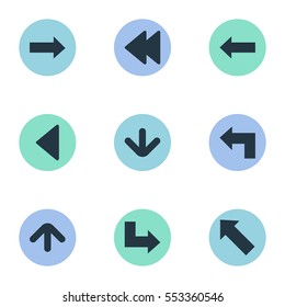 Set Of 9 Simple Indicator Icons. Can Be Found Such Elements As Upward Direction , Downwards Pointing, Left Landmark.