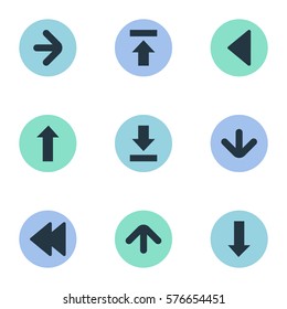 Set Of 9 Simple Indicator Icons. Can Be Found Such Elements As Transfer, Let Down, Downwards Pointing And Other.