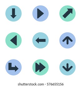 Set Of 9 Simple Indicator Icons. Can Be Found Such Elements As Left Landmark , Right Landmark, Downwards Pointing.