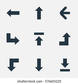 Set Of 9 Simple Indicator Icons. Can Be Found Such Elements As Downwards Pointing, Left Direction, Let Down And Other.