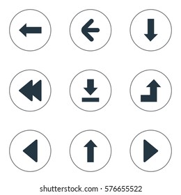 Set Of 9 Simple Indicator Icons. Can Be Found Such Elements As Upward Direction, Left Direction, Rearward And Other.