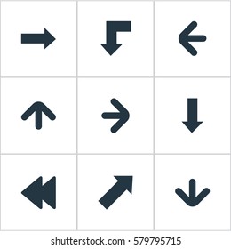 Set Of 9 Simple Indicator Icons. Can Be Found Such Elements As Right Direction, Reduction, Indicator And Other.