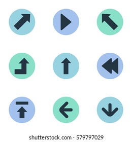Set Of 9 Simple Indicator Icons. Can Be Found Such Elements As Rearward, Left Direction, Transfer And Other.