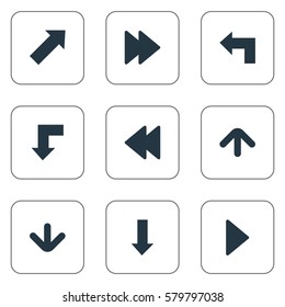 Set Of 9 Simple Indicator Icons. Can Be Found Such Elements As Upward Direction, Rearward, Indicator And Other.