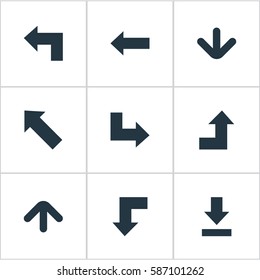 Set Of 9 Simple Indicator Icons. Can Be Found Such Elements As Pointer, Downwards Pointing, Left Direction And Other.