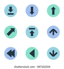 Set Of 9 Simple Indicator Icons. Can Be Found Such Elements As Let Down, Upward Direction, Upward Direction And Other.
