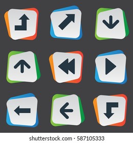 Set Of 9 Simple Indicator Icons. Can Be Found Such Elements As Reduction, Left Direction, Downwards Pointing And Other.