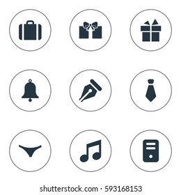 Set Of 9 Simple Instrument Icons. Can Be Found Such Elements As System Unit, Gift, Cravat And Other.
