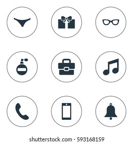 Set Of 9 Simple Instrument Icons. Can Be Found Such Elements As Fragrance, Underwear, Business Bag And Other.