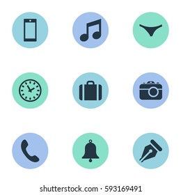 Set Of 9 Simple Instrument Icons. Can Be Found Such Elements As Ink Pencil, Music, Mobile Phone And Other.