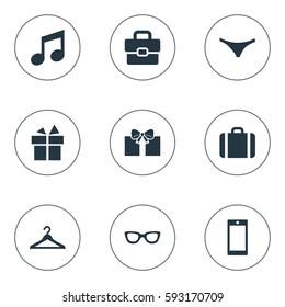 Set Of 9 Simple Instrument Icons. Can Be Found Such Elements As Music, Present, Eyeglasses And Other.