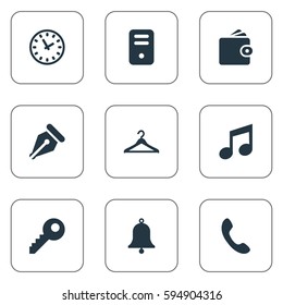Set Of 9 Simple Instrument Icons. Can Be Found Such Elements As Music, Password, Ring And Other.