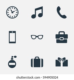Set Of 9 Simple Instrument Icons. Can Be Found Such Elements As Time, Business Bag, Mobile Phone And Other.