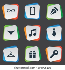 Set Of 9 Simple Instrument Icons. Can Be Found Such Elements As Present, Hanger, Music And Other.