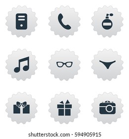 Set Of 9 Simple Instrument Icons. Can Be Found Such Elements As Eyeglasses, Underwear, Fragrance And Other.
