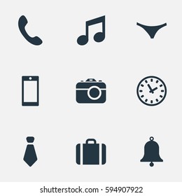 Set Of 9 Simple Instrument Icons. Can Be Found Such Elements As Time, Mobile Phone, Music And Other.