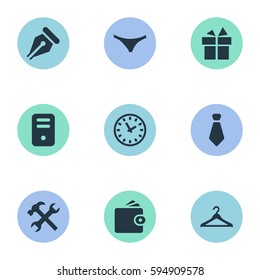 Set Of 9 Simple Instrument Icons. Can Be Found Such Elements As Present, Underwear, Billfold And Other.