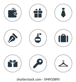 Set Of 9 Simple Instrument Icons. Can Be Found Such Elements As Billfold, Ink Pencil, Present And Other.