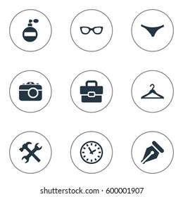 Set Of 9 Simple Instrument Icons. Can Be Found Such Elements As Digital Camera, Hanger, Ink Pencil And Other.