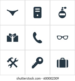Set Of 9 Simple Instrument Icons. Can Be Found Such Elements As Password, System Unit, Repair And Other.