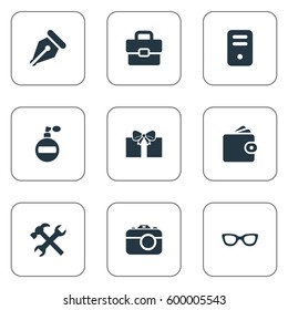 Set Of 9 Simple Instrument Icons. Can Be Found Such Elements As Business Bag, Repair, Fragrance And Other.
