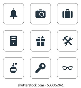 Set Of 9 Simple Instrument Icons. Can Be Found Such Elements As System Unit, Present, Briefcase And Other.