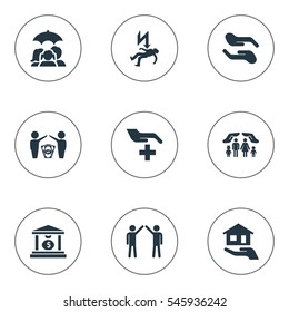 Set Of 9 Simple Insurance Icons. Can Be Found Such Elements As Estate Fuse, Protect Currency, Banking House And Other.