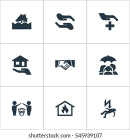 Set Of 9 Simple Insurance Icons. Can Be Found Such Elements As Electric Shock  Jeopardy, Estate Fuse, Protect From Torrent And Other.