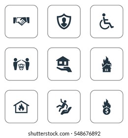 Set Of 9 Simple Insurance Icons. Can Be Found Such Elements As Home Protect  From Fire, Heat, Contract And Other.