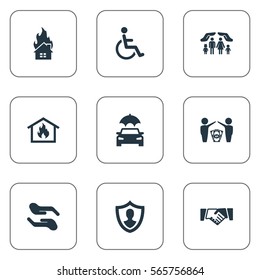 Set Of 9 Simple Insurance Icons. Can Be Found Such Elements As Protect Currency, Handicapped, Contract.