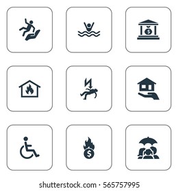 Set Of 9 Simple Insurance Icons. Can Be Found Such Elements As Handicapped, Estate Fuse, Reliability.