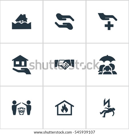 Set Of 9 Simple Insurance Icons. Can Be Found Such Elements As Electric Shock  Jeopardy, Estate Fuse, Protect From Torrent And Other.