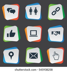 Set Of 9 Simple Internet Icons. Can Be Found Such Elements As Cursor, Chatting, Genus And Other.