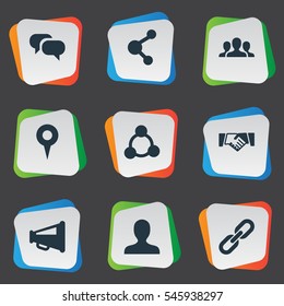 Set Of 9 Simple Internet Icons. Can Be Found Such Elements As Megaphone, Chain, Chatting And Other.