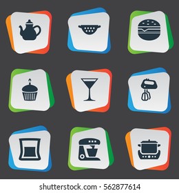Set Of 9 Simple Kitchen Icons. Can Be Found Such Elements As Infuser, Hamburger, Drainer And Other.