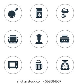 Set Of 9 Simple Kitchen Icons. Can Be Found Such Elements As Measure, Oven, Lager And Other.