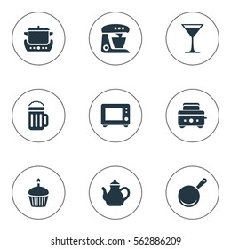 Set Of 9 Simple Kitchen Icons. Can Be Found Such Elements As Muffin, Cocktail, Kitchen Tool And Other.